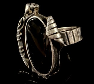 Vintage Navajo Sterling Silver Statement Ring with Elongated Black Cabochon and Stamped