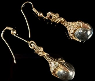 Victorian Revival Claw Dangle Earrings with Blue-Grey Cabochon Stones Category: Earrings