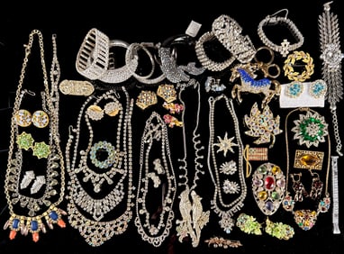 Extensive Collection of Vintage and Contemporary Rhinestone Costume Jewelry, Fifty-Two Pieces