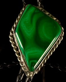 Silver-Toned Metal Bolo Tie with Large Malachite Cabochon, Signed DSP Category: Necklaces & Pendants