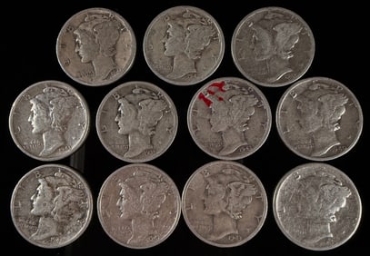 Lot of Eleven Circulated U.S. 90% Silver Mercury Dimes, 1935-1943