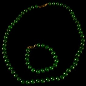 10K Gold and Malachite Style Beaded Necklace and Bracelet Set