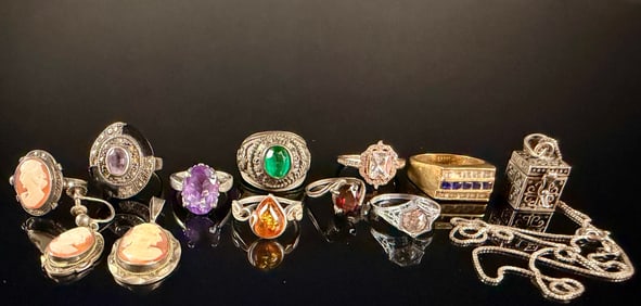 Large Collection of Sterling Silver and Vermeil Jewelry Featuring Gemstone Rings, Cameos, and Locket