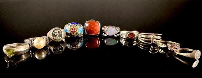 Sterling Silver Assorted Rings Collection Ten Pieces Featuring Enamel and Semiprecious-Stones 1.77