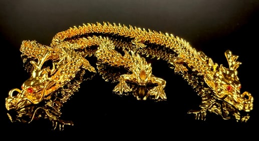 Lot of 2 Articulated Dragon Figurines in Gold-Toned Metal Alloy