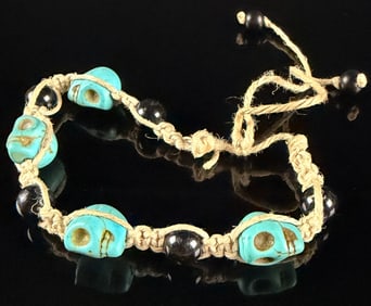 Adjustable Macrame Bracelet with Simulated Turquoise Skull and Black Beads