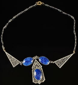 Sterling Silver Art Deco Style Necklace with Blue Cabochon Gemstones
