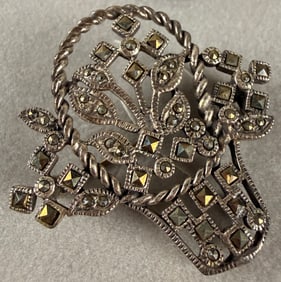 Vintage White Metal and Marcasite Style Flower Basket Brooch Pin Category: Brooches & Pins