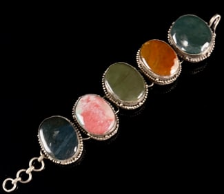 White-Colored Metal Five-Stone Link Bracelet, Vintage Boho Style