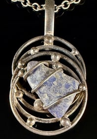 Silver Modernist Studio Necklace featuring Rough-Cut Blue Stone Nugget, Brite B. Maker
