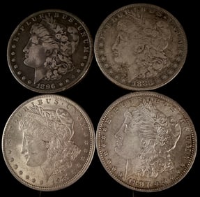 Four US Morgan Silver Dollars 90% Silver Dated 1883 1896 1897 1921