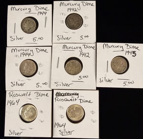 Seven Piece Lot of US 90% Silver Dimes: Five Mercury Dimes and Two Roosevelt Dimes