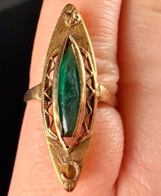 14K Yellow Gold Antique Filigree Marquise Ring with Dark Green Gemstone Category: Rings