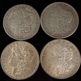 Silver Morgan Dollar Coin Lot, Four Circulated US Coins, 1880-1886