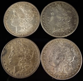 Group of Four U.S. Morgan Silver Dollars Dated 1880 1898 and 1899