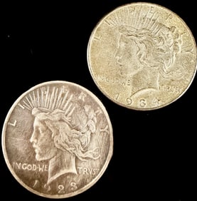 Two Circulated US Peace Dollar Coins 1923 and 1934 Silver Alloy