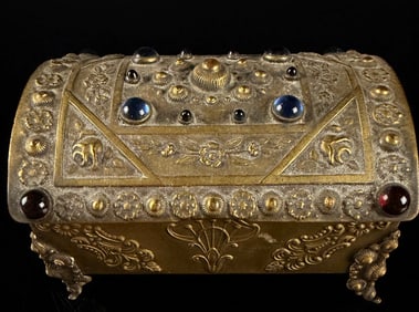 Gilt Base Metal Ornate Hinged Box with Cabochon Accents