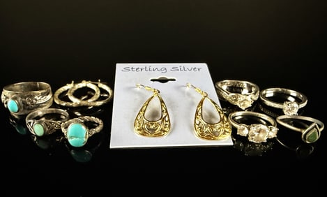 Sterling Silver and Vermeil Jewelry Lot 10 Pieces with Turquoise and Simulated Diamonds Category: