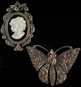 Vintage Sterling Silver Marcasite Cameo and Butterfly Brooch Pin Lot (Set of 2)