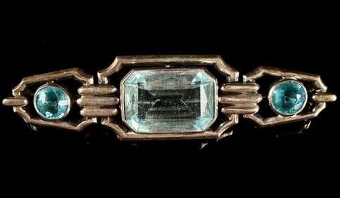 Sterling Silver Art Deco Style Bar Brooch with Light Blue Simulated Aquamarine Stones Category: