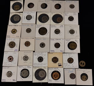 Large Assortment of 32 Vintage US and Canadian Transit Tokens in Holders