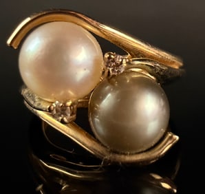14K Yellow Gold Bypass Cocktail Ring with Two Cultured Pearls and Diamond Accents