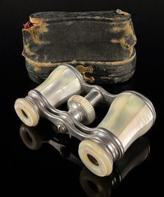Antique Silver-Toned Base Metal and Mother-of-Pearl Opera Glasses with Fitted Case