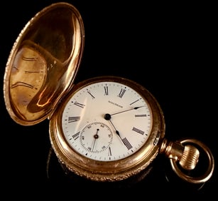 Gold Filled Waltham Hunter Case Pocket Watch Engraved Floral Motif