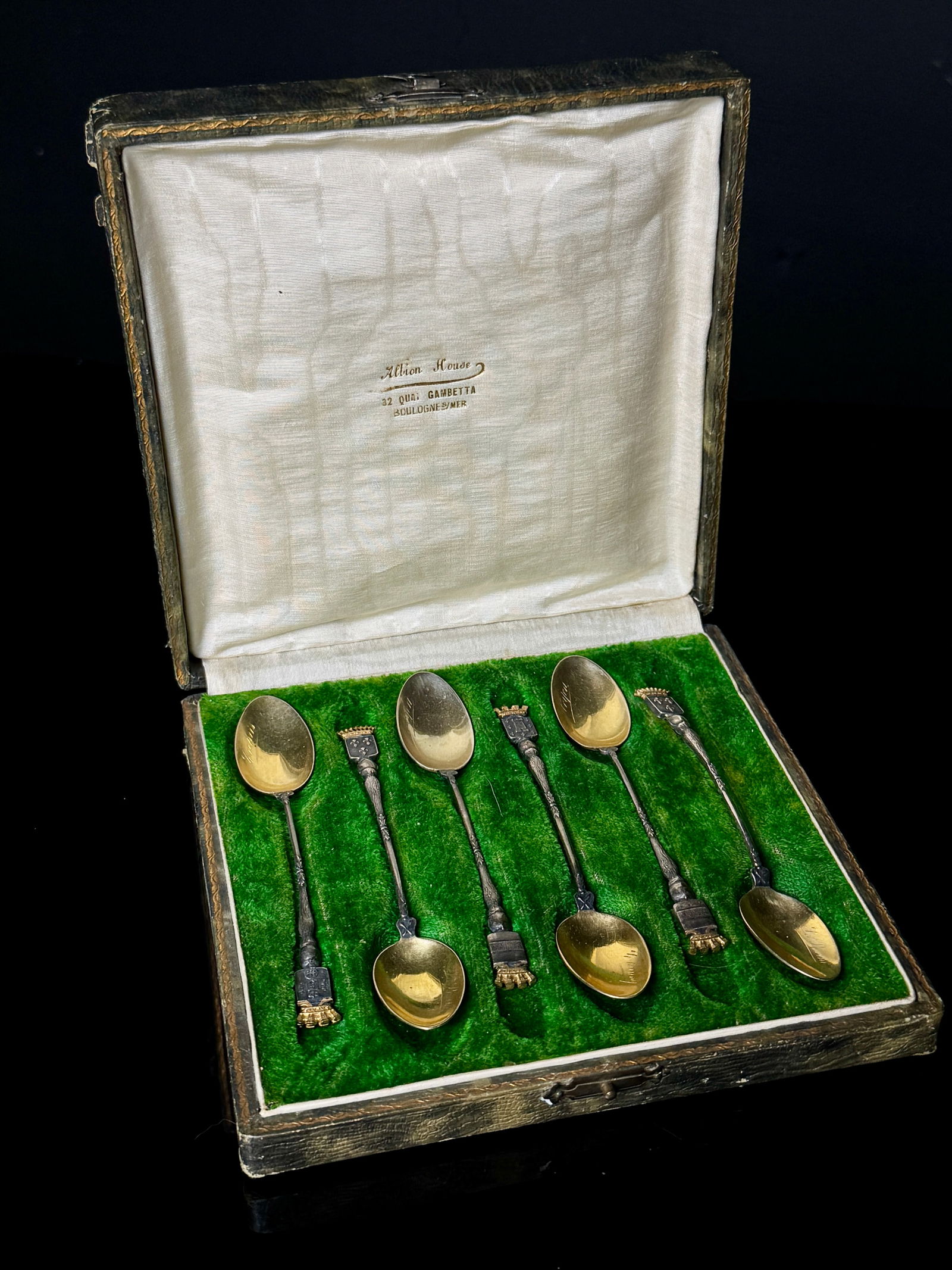 A Collection of Six Patinated Metal Souvenir Spoons with Gilt Bowls in Fitted Case (1 of 9)