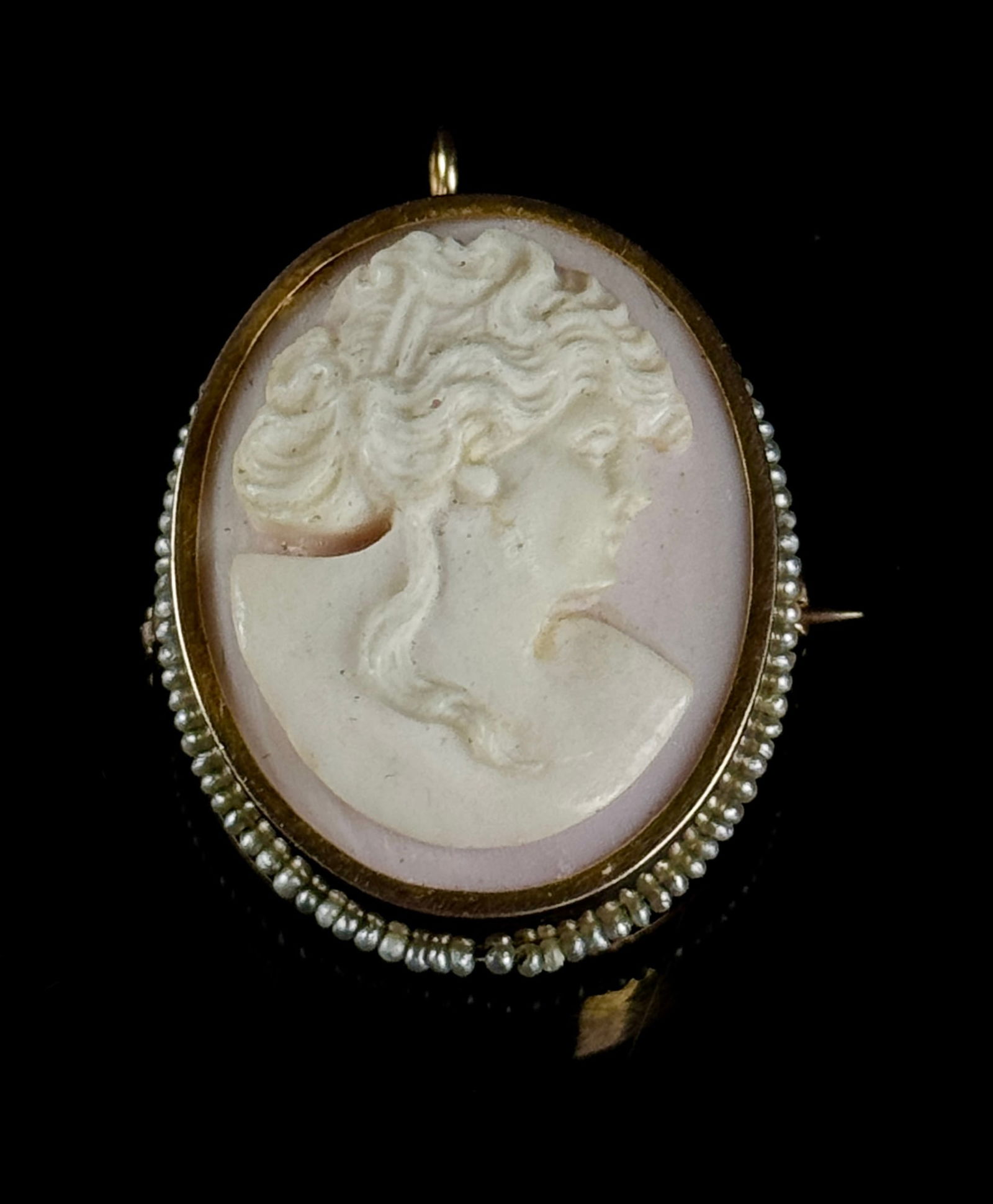 10K Gold and Shell Cameo Convertible Brooch Pendant with Seed Pearl Border (1 of 7)