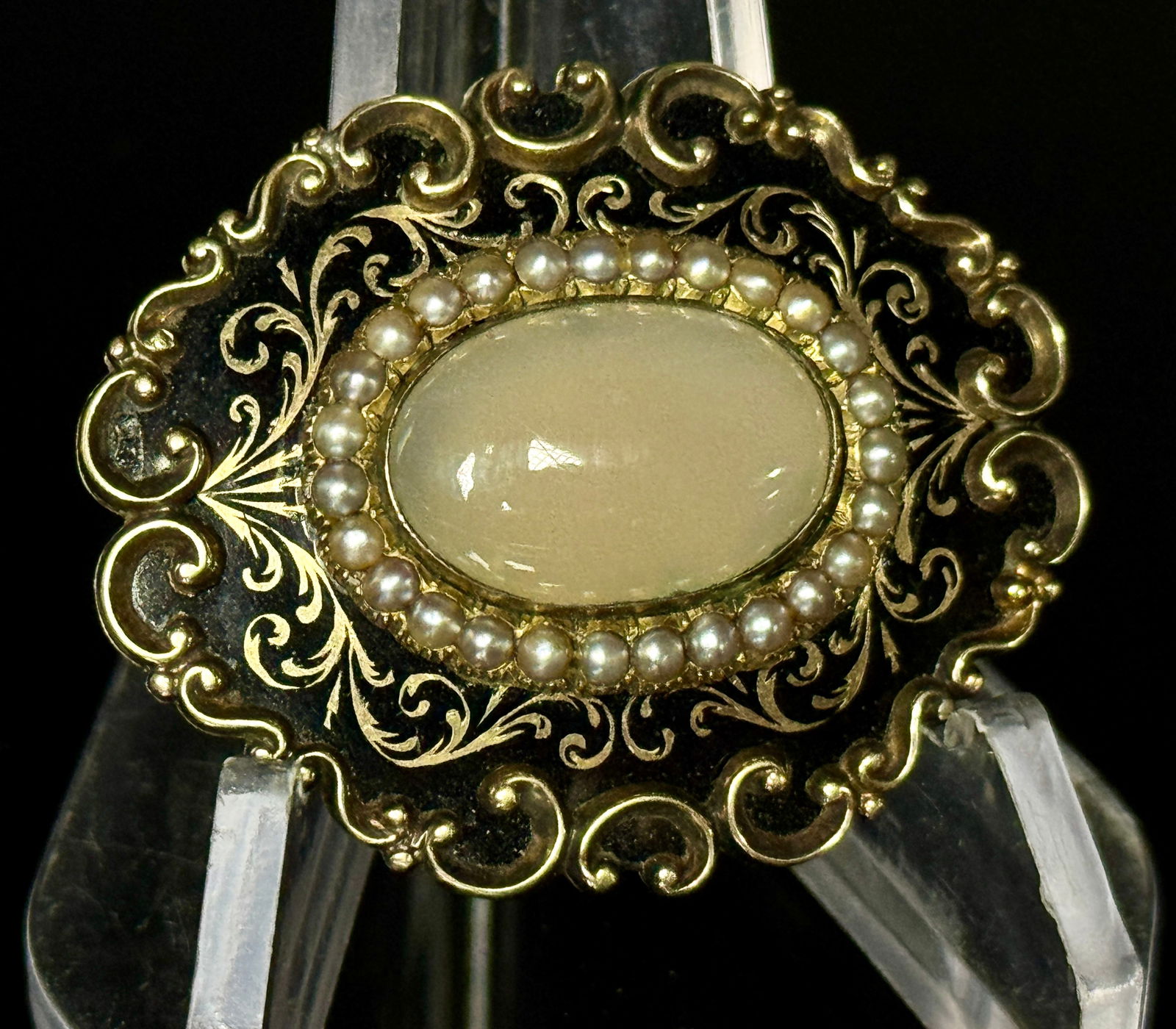 10K Victorian Mourning Style Brooch with Cabochon and Seed Pearls (1 of 6)