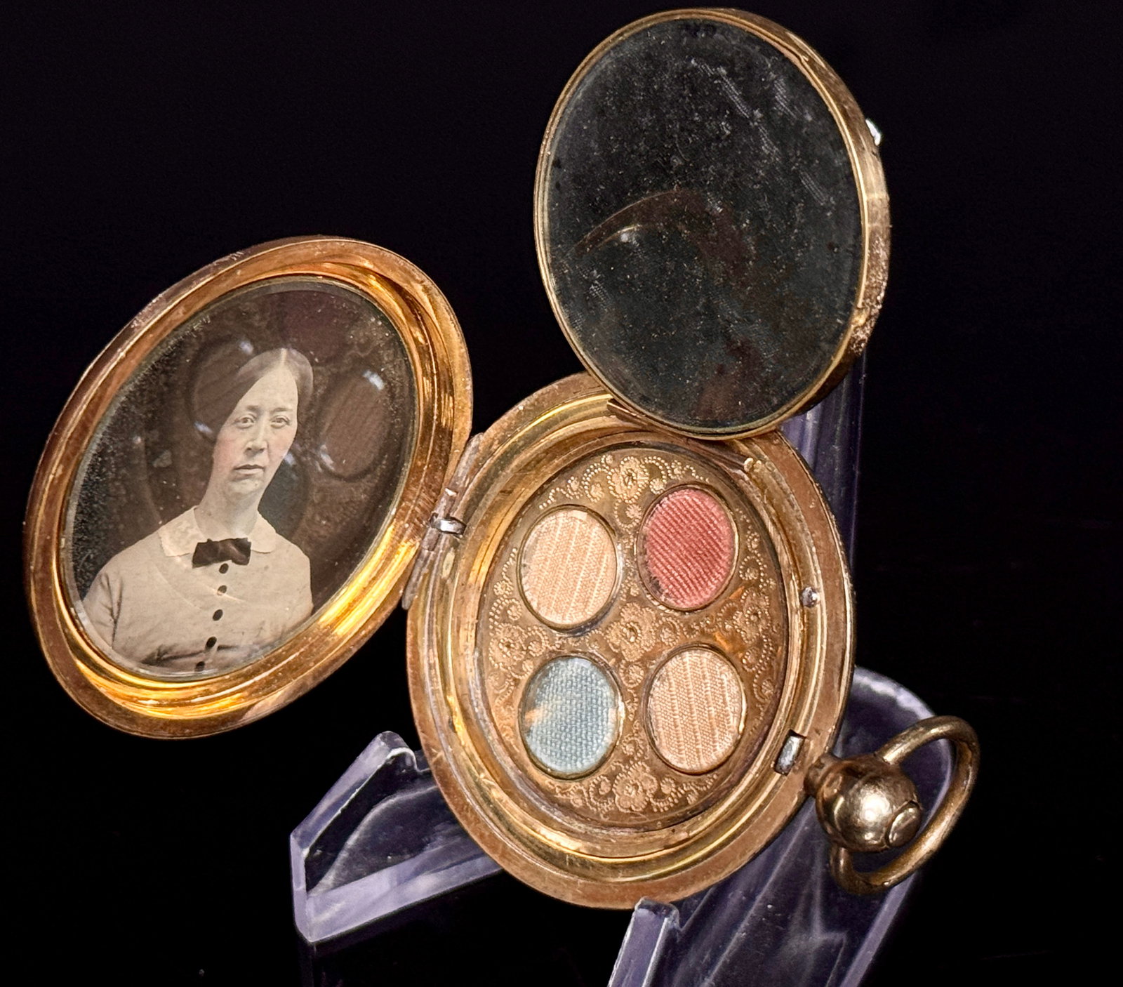 Victorian Gold-Toned Multi-Compartment Mourning Locket Fob wi Ambrotypes and Fabric (1 of 10)