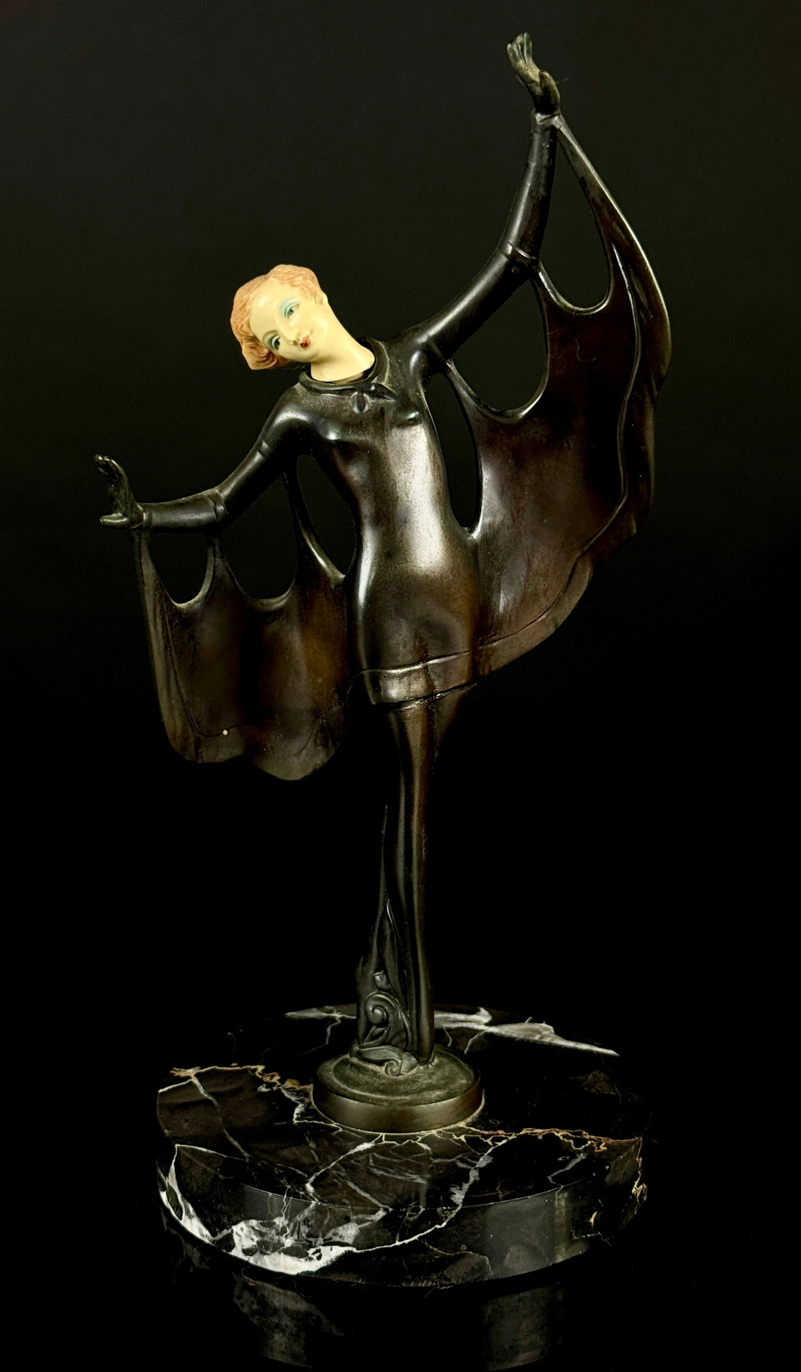 Art Deco Style Dancer Sculpture After Gerda Iro, Collection Fran?§aise: A single Art Deco style figural sculpture depicting a female dancer in a dramatic, sweeping pose, attributed to the Collection Fran?§aise line of Art Deco revival pieces, modeled after works by Gerda