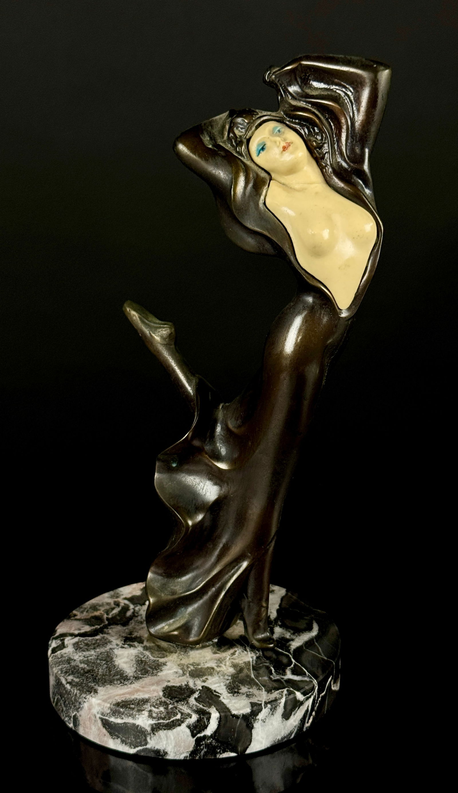 J.B. Hirsch Art Deco Chryselephantine Style Dancing Figure Sculpture: A single Art Deco figural sculpture attributed to J.B. Hirsch, known for chryselephantine-style works such as "Trop Risqu?©." The piece depicts a female dancer in a dramatic, dynamic pose with flowin