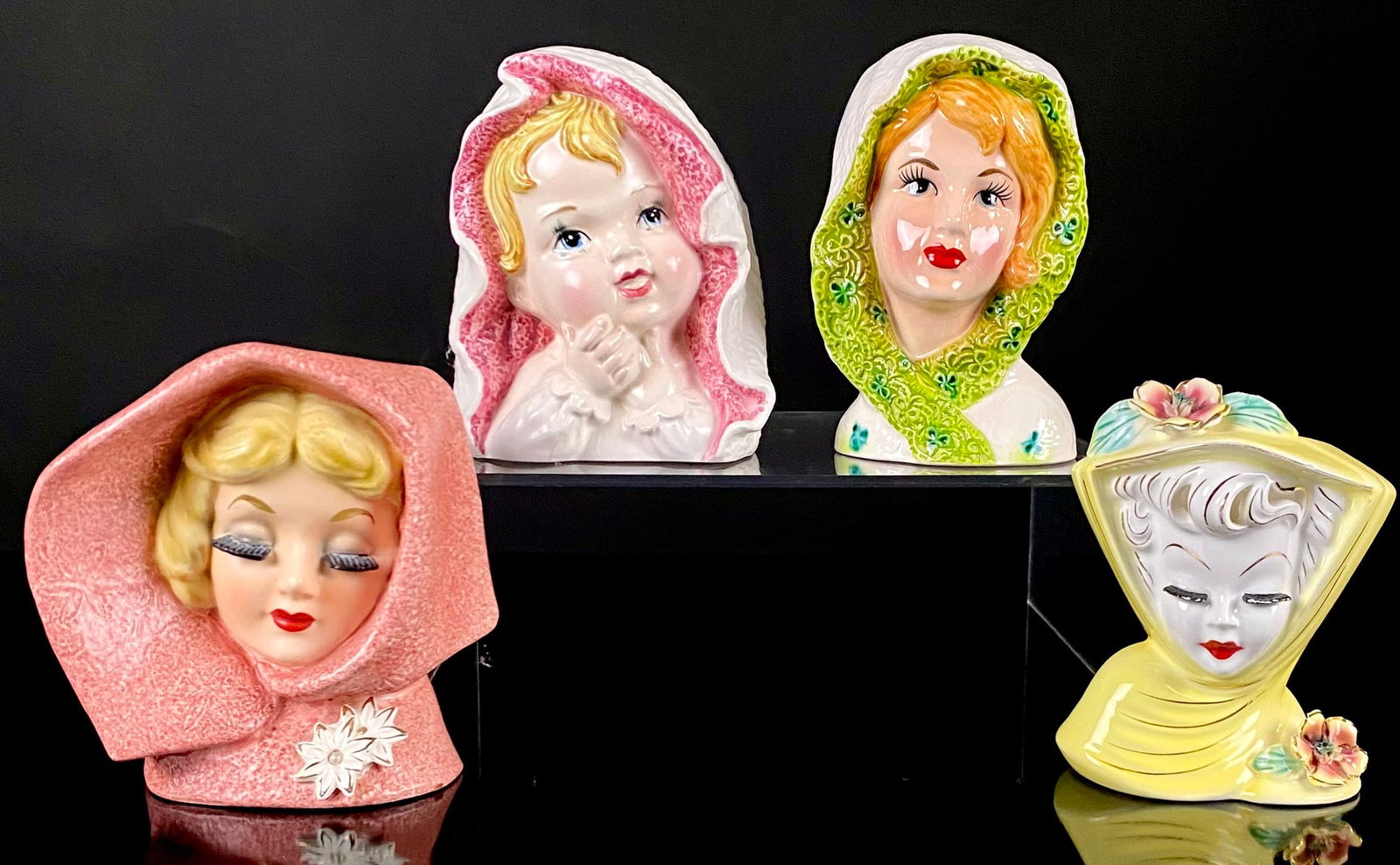 A Collection of 4 Mid-Century Glazed Ceramic Lady Head Vases Planters (1 of 13)