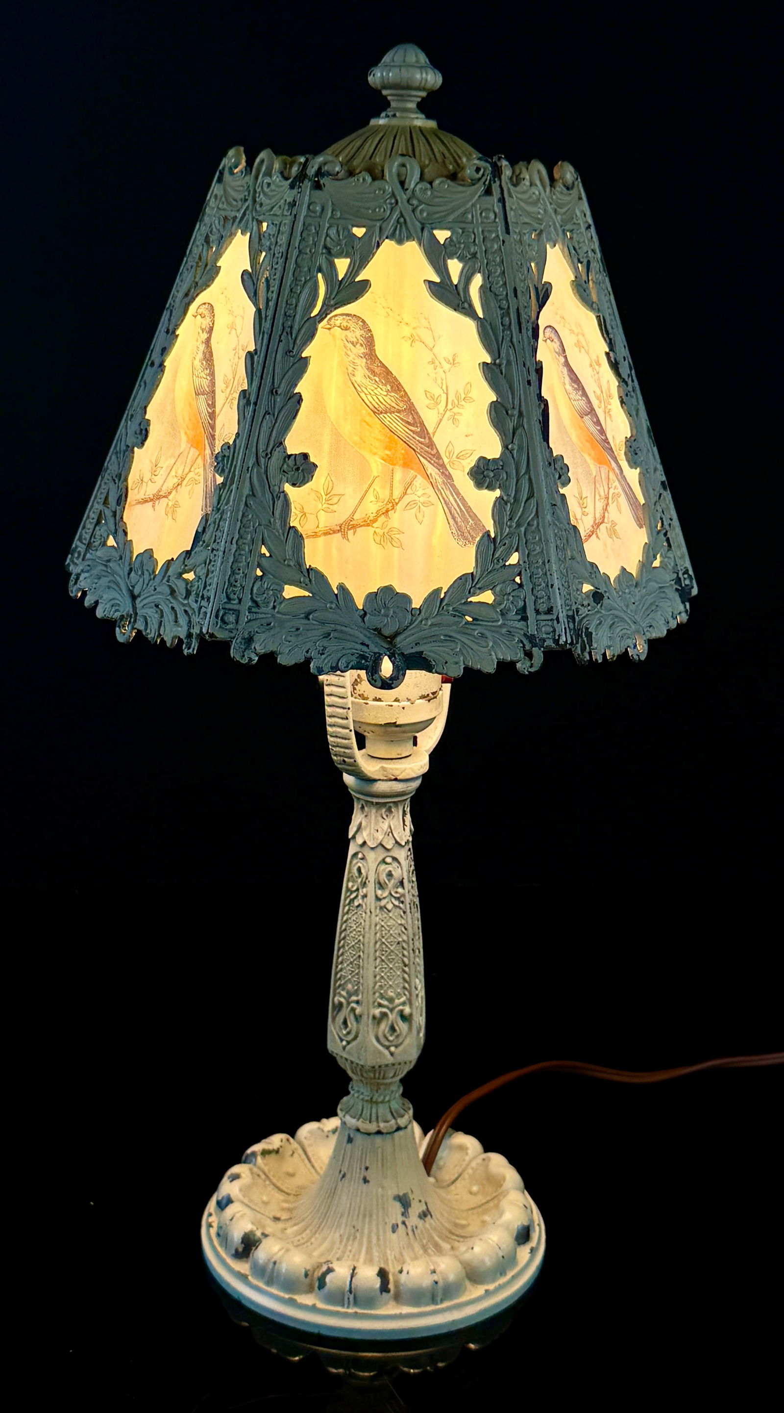 Art Nouveau Painted Metal and Slag Glass Boudoir Lamp with Bird Panels (1 of 8)