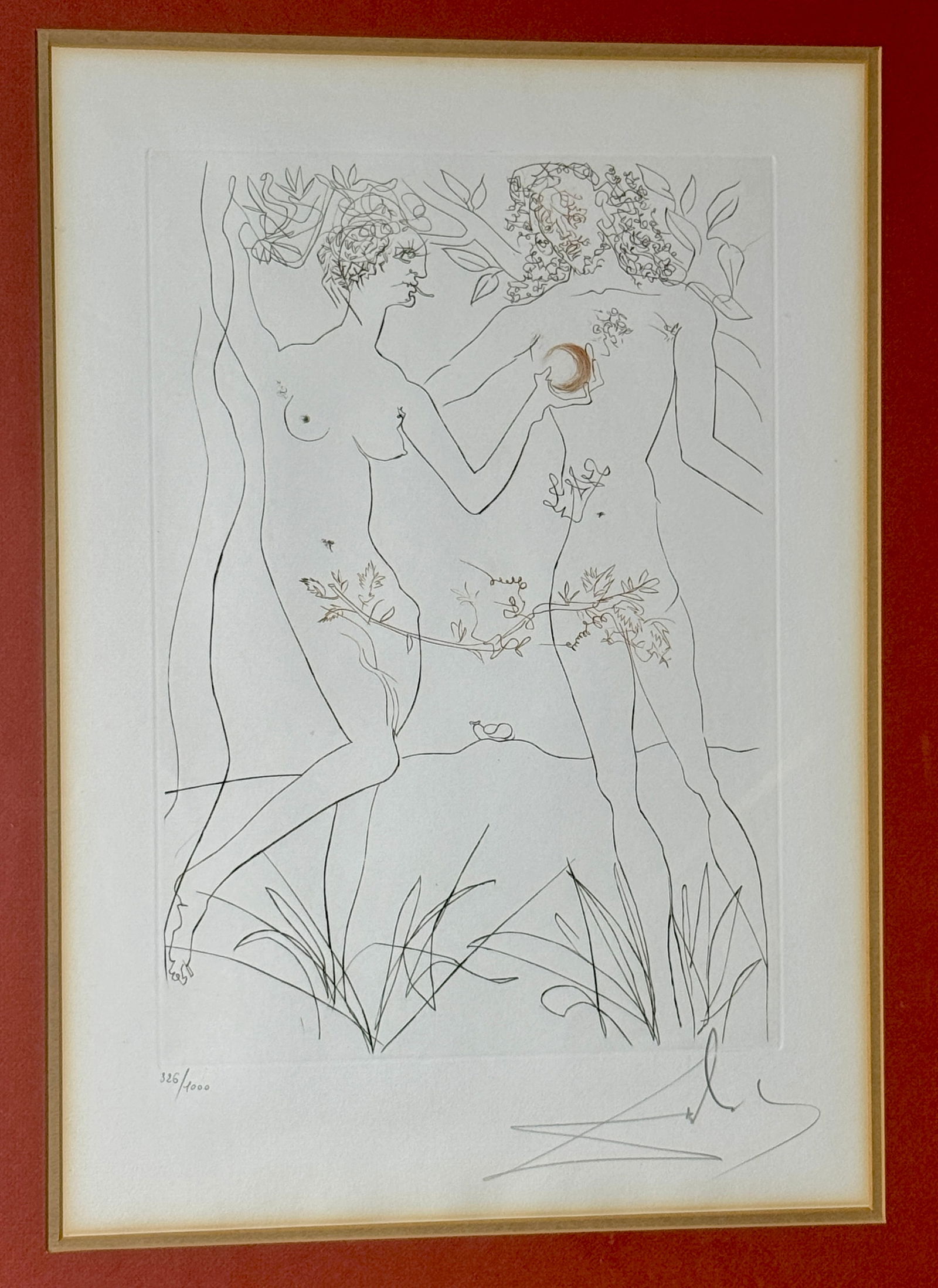 Salvador Dalí Signed and Numbered Etching Adam and Eve Motif: A limited-edition etching or drypoint attributed to Salvador Dalí, depicting the Adam and Eve motif. The artwork features two nude figures in a linear garden setting, executed primarily in black ink