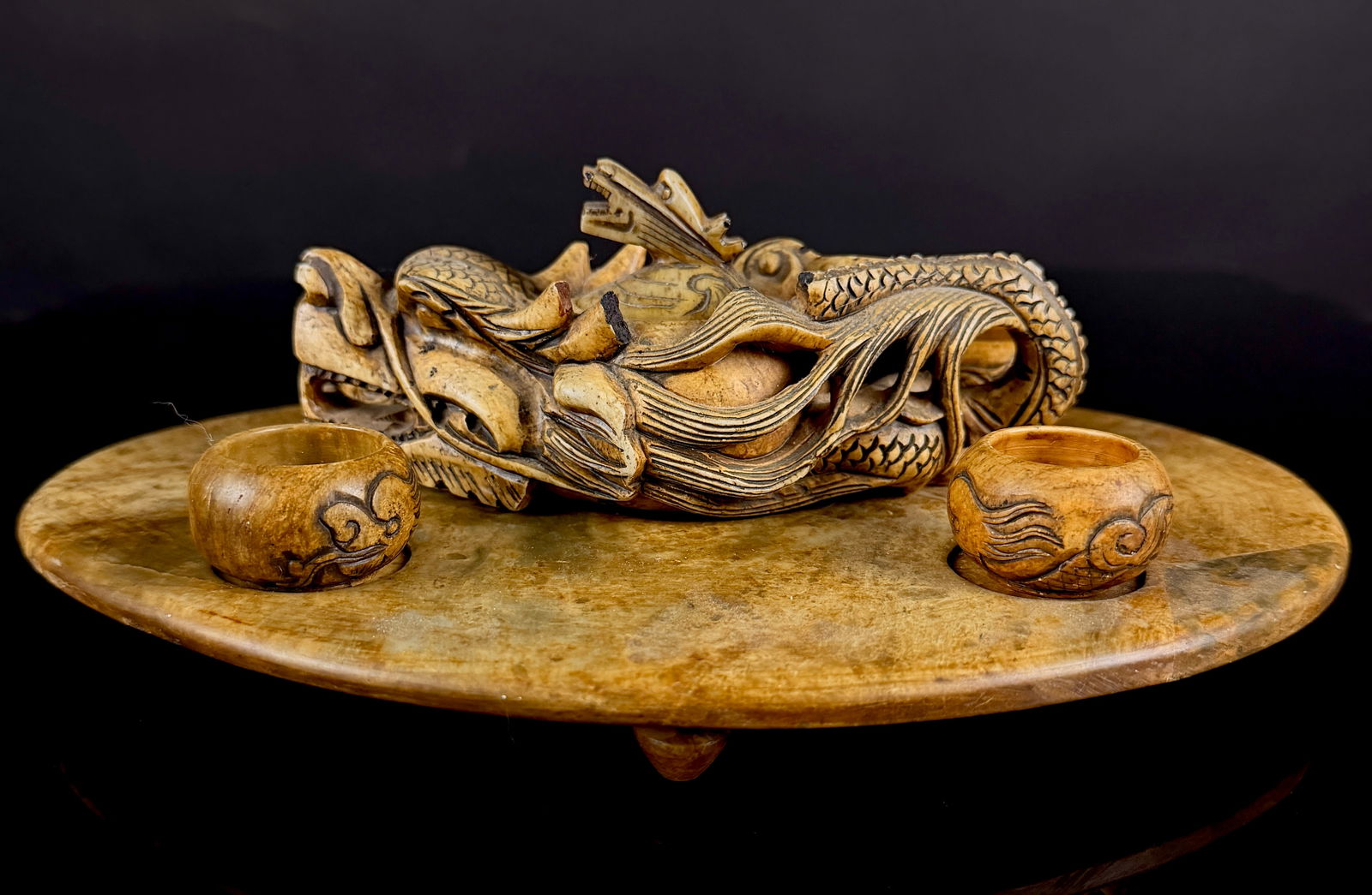 A Collection of Six Chinese Carved Soapstone Dragon Liquor Service Components (1 of 16)