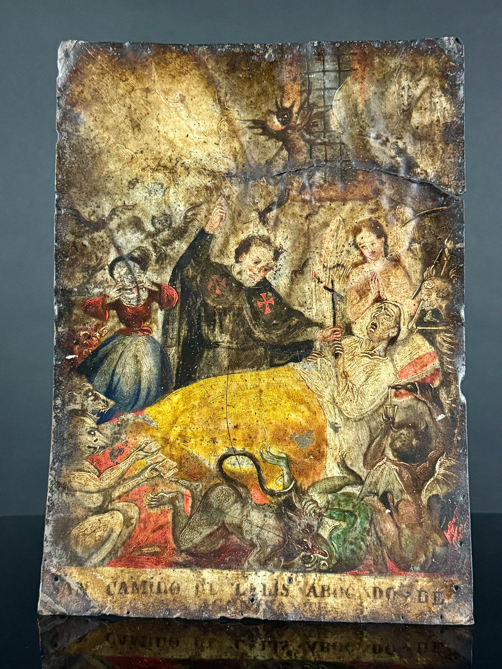 19th c. Excorcism Spanish Colonial Retablo on Tin Depicting Saint Camillus de Lellis (1 of 16)
