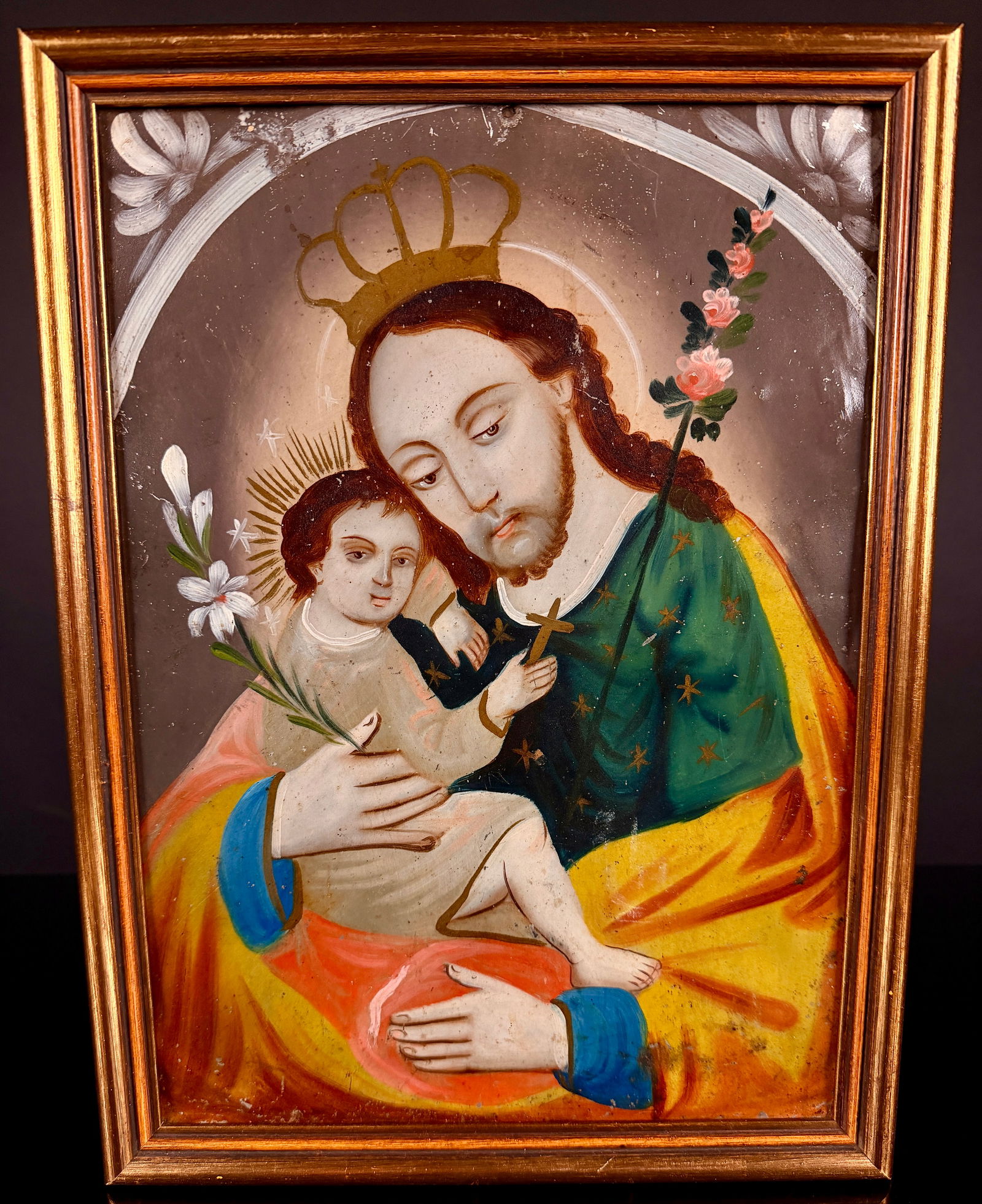 Spanish Colonial Style Reverse Glass Painting of San Jos?© and the Christ Child (1 of 7)