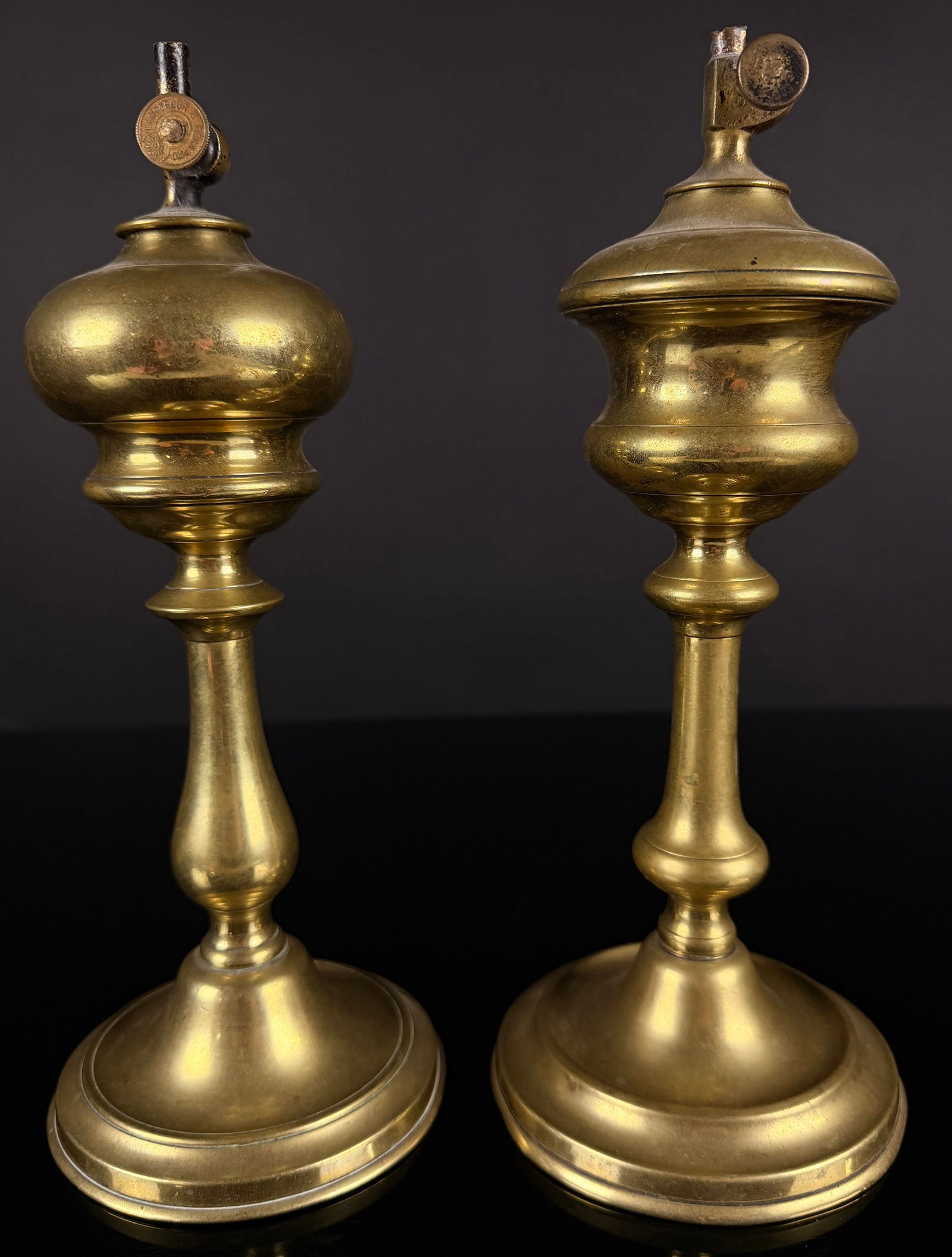A Pair of French Brass Whale Oil Lamps by L'Empereur & Bernard (1 of 9)