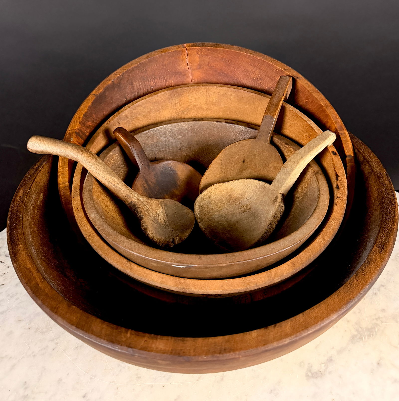 A Collection of 8 Primitive Hand-Turned Wooden Dough Bowls and Assorted Scoops (1 of 18)