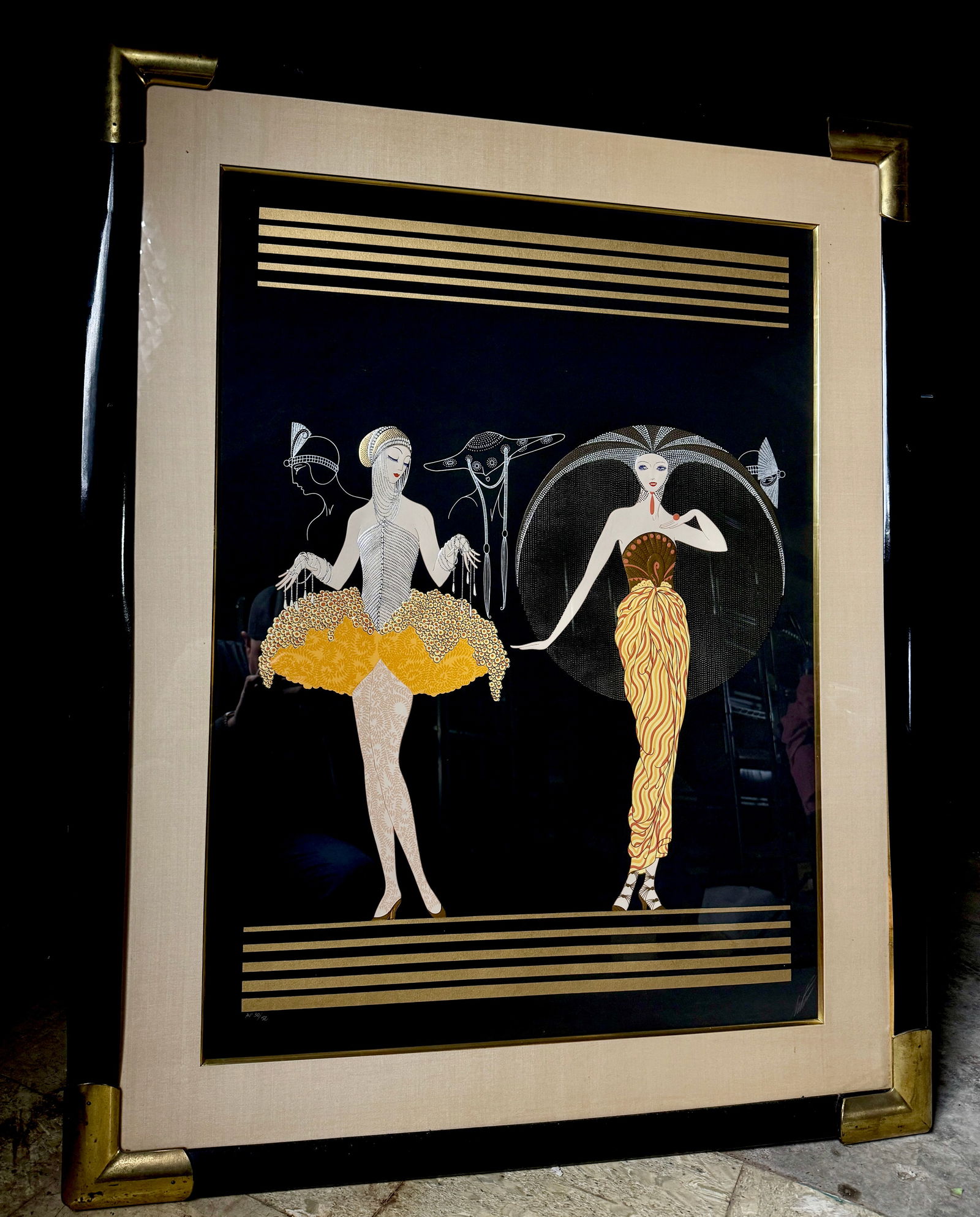Erte Signed and Numbered Artist Proof Serigraph Morning Day: A large framed Art Deco style serigraph or mixed-media print attributed to Erte (Romain de Tirtoff), titled Morning Day. The artwork depicts two highly stylized female figures in elaborate Jazz Age at