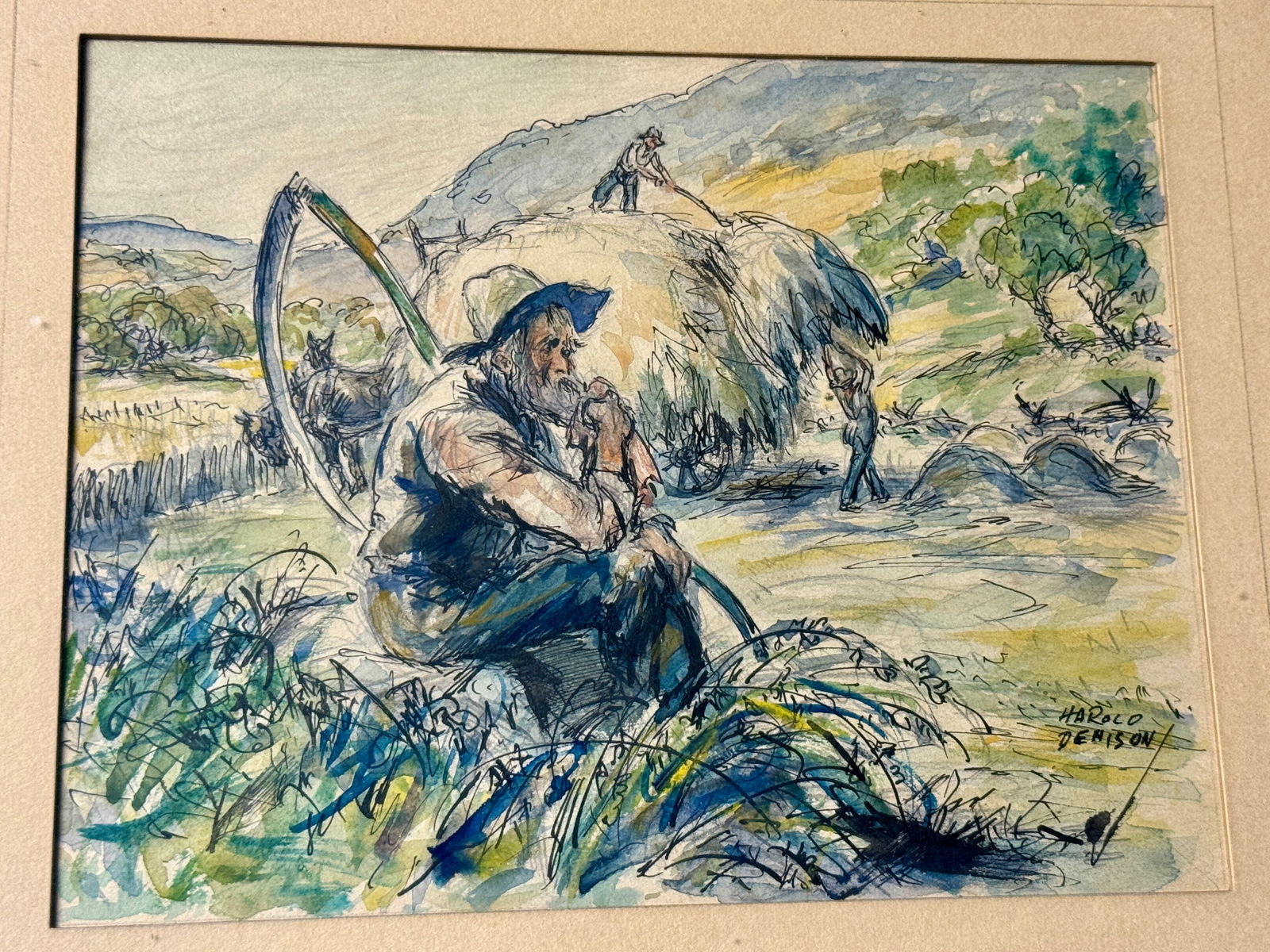 Signed Harold Denison Mixed Media Drawing Haying (1 of 7)