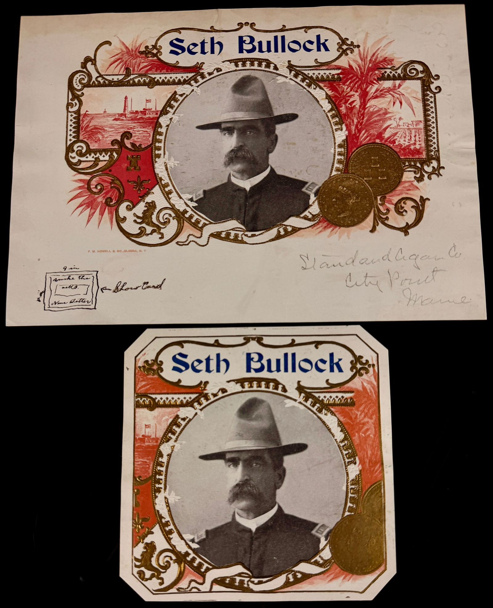 Two Seth Bullock Cigar Label Proofs from F.M. Howell & Co. Elmira NY (1 of 4)