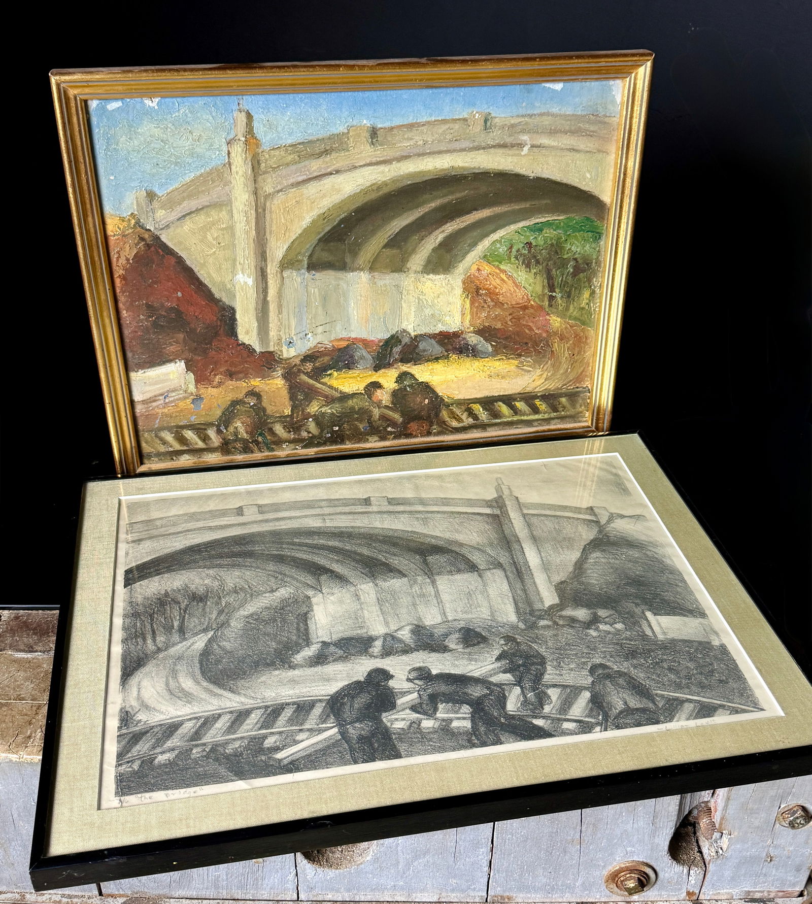 Two Artworks by Lillian Levitt Depicting Industrial Bridge Construction (1 of 8)