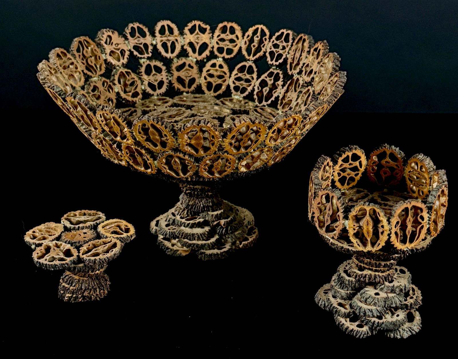 A Trio of Folk Art Sliced Black Walnut Shell Bowls (1 of 7)