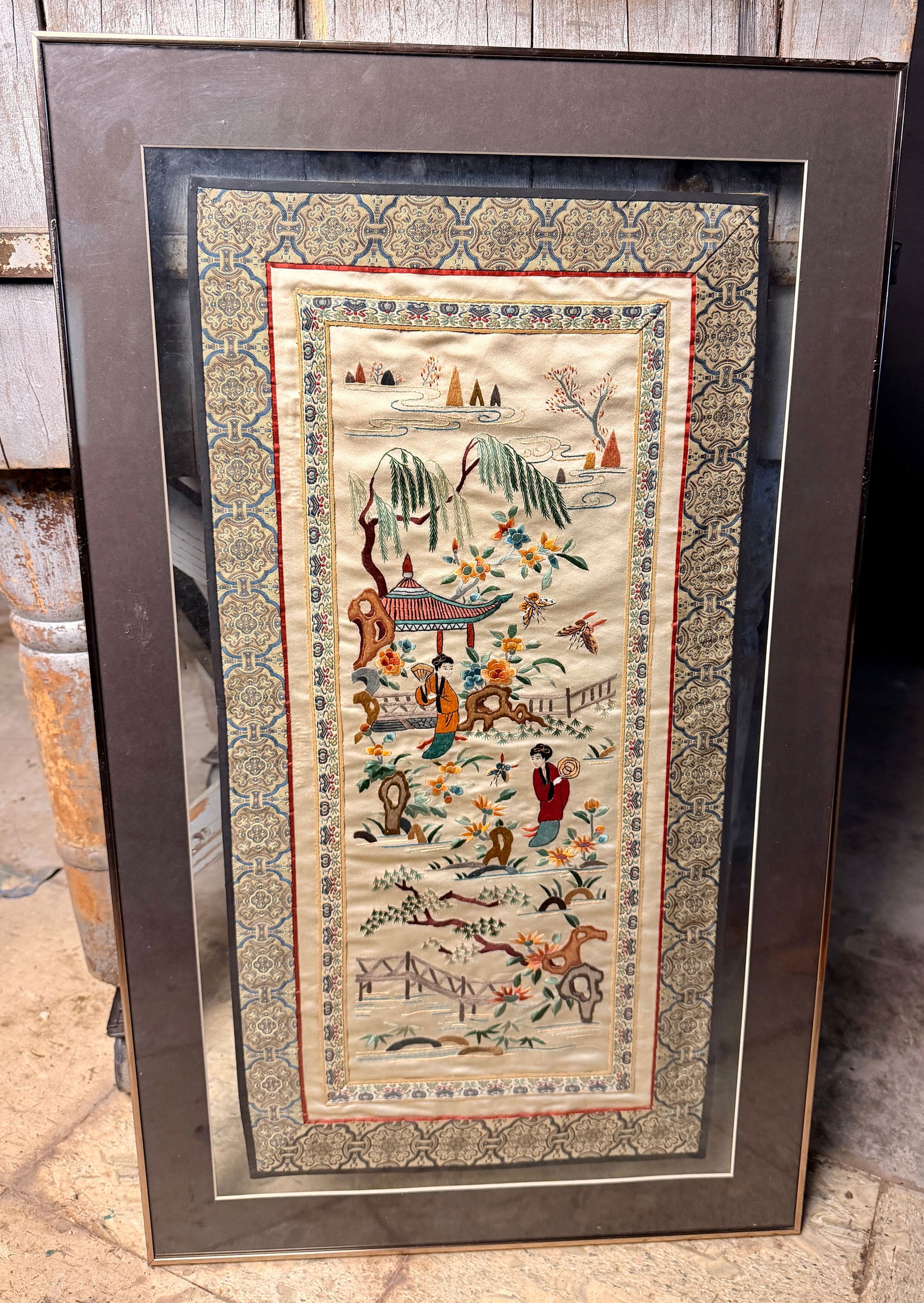 A Framed Chinese Silk Embroidered Landscape Tapestry (1 of 9)