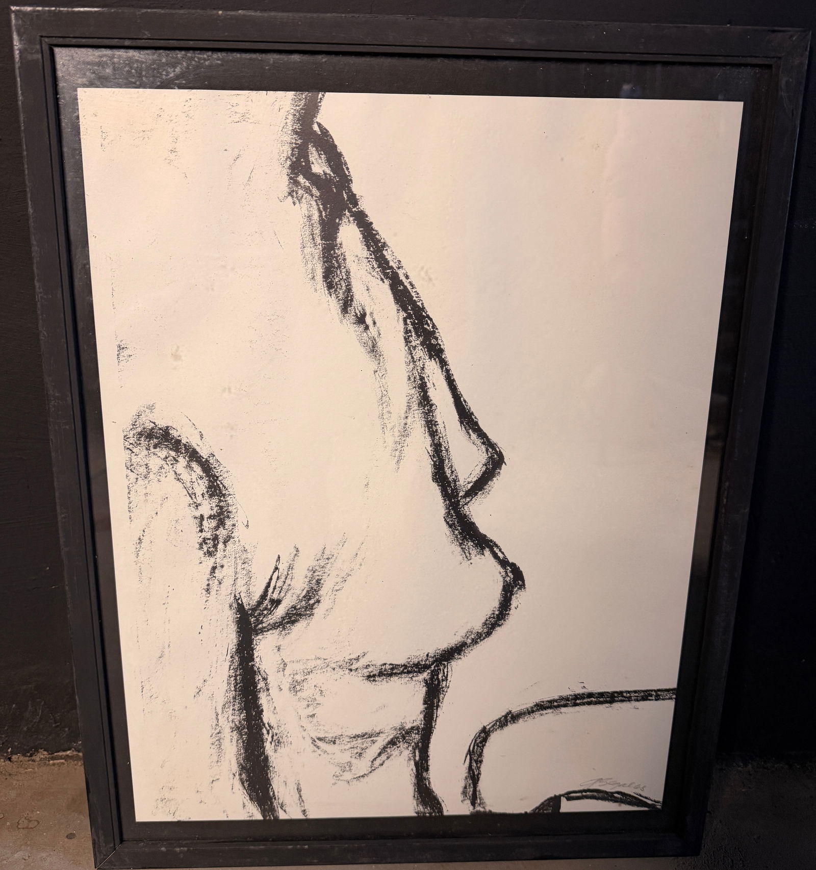 George Segal, Minimalist Figure Study, 1968: George Segal (American, 1924-2000). A framed expressive lithograph on paper depicting a minimalist study of a human figure in profile. The work is executed in a heavy black medium, such as charcoal or