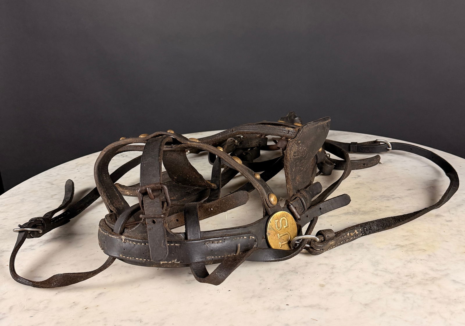 Vintage U.S. Military Leather Horse Bridle with Brass US Boss and Blinkers (1 of 8)